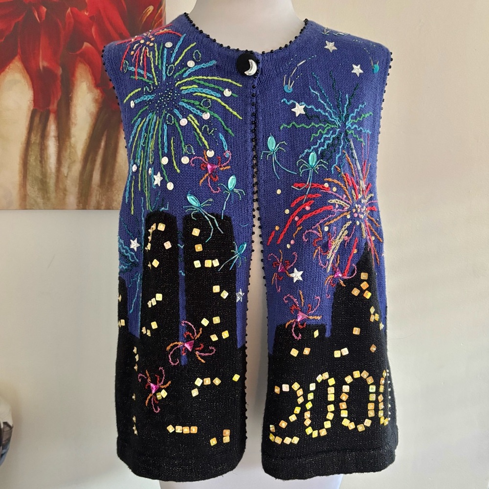 Vintage Y2K Susan Bristol New Years Eve NYC Cityscape Twin Towers Vest Size XL